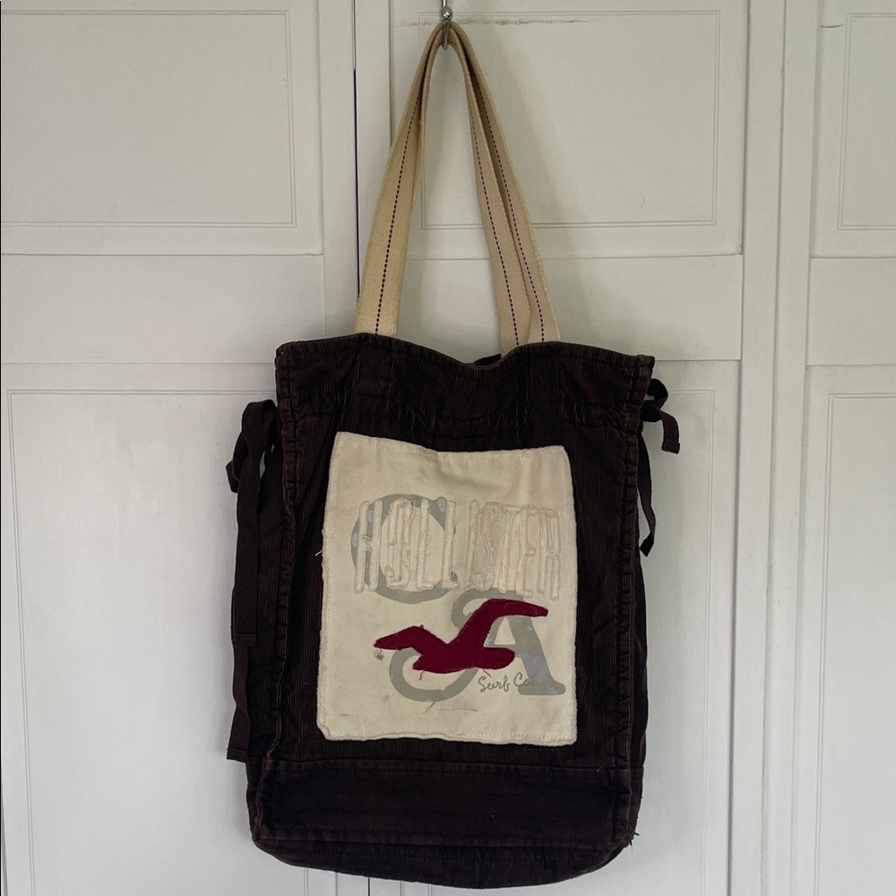 Vtg Hollister Dark Brown Corduroy Tote with Cream Panel and Red Gull Accent
